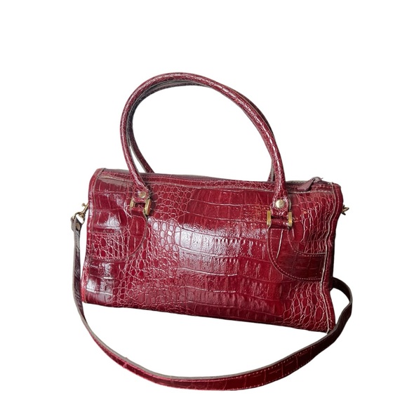 Ox Blood Crocodile-Embossed Satchel with Crossbody Strap - Picture 7 of 10
